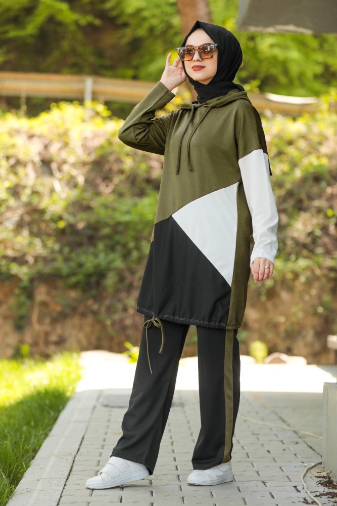 Neva Style - Kapşonlu Haki Tesettür İkili takım 61490HK - 1