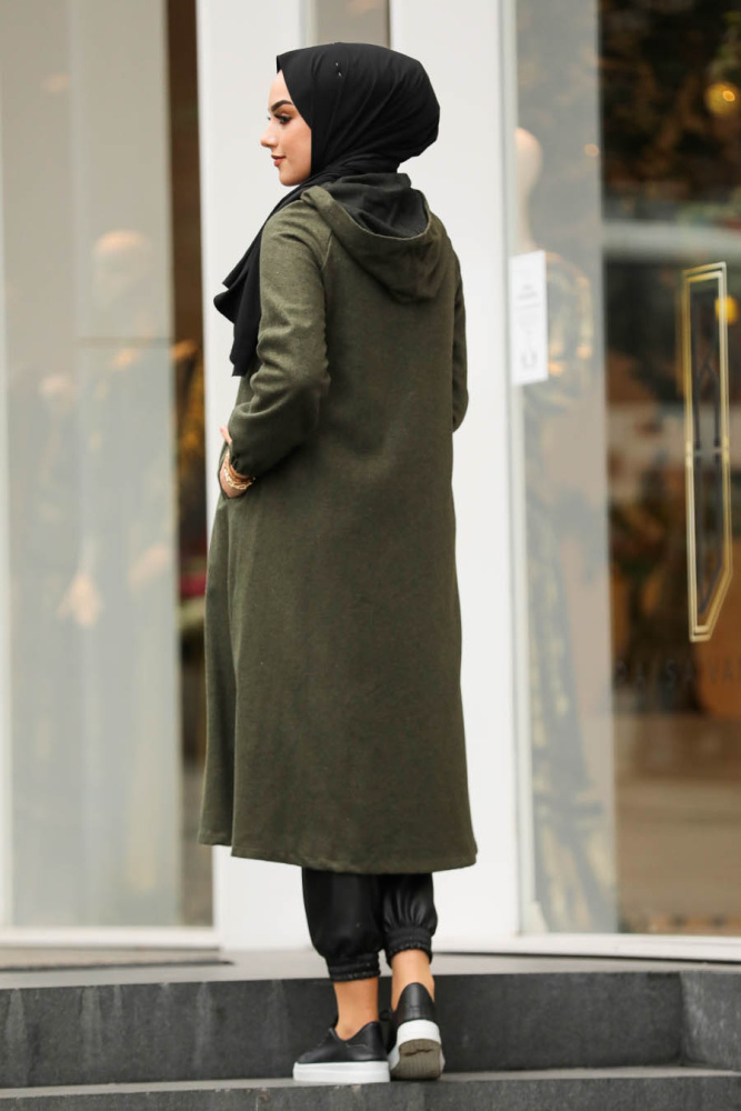 Neva Style - Kapşonlu Haki Tesettür Kap 40081HK - 2