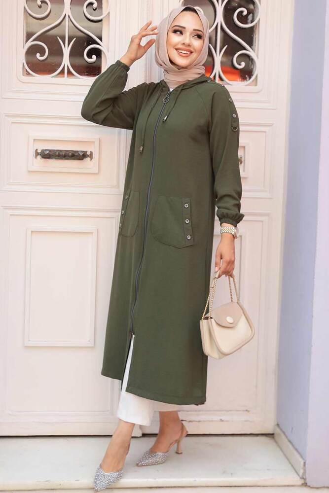  Kapşonlu Haki Tesettür Kap 511HK - 1