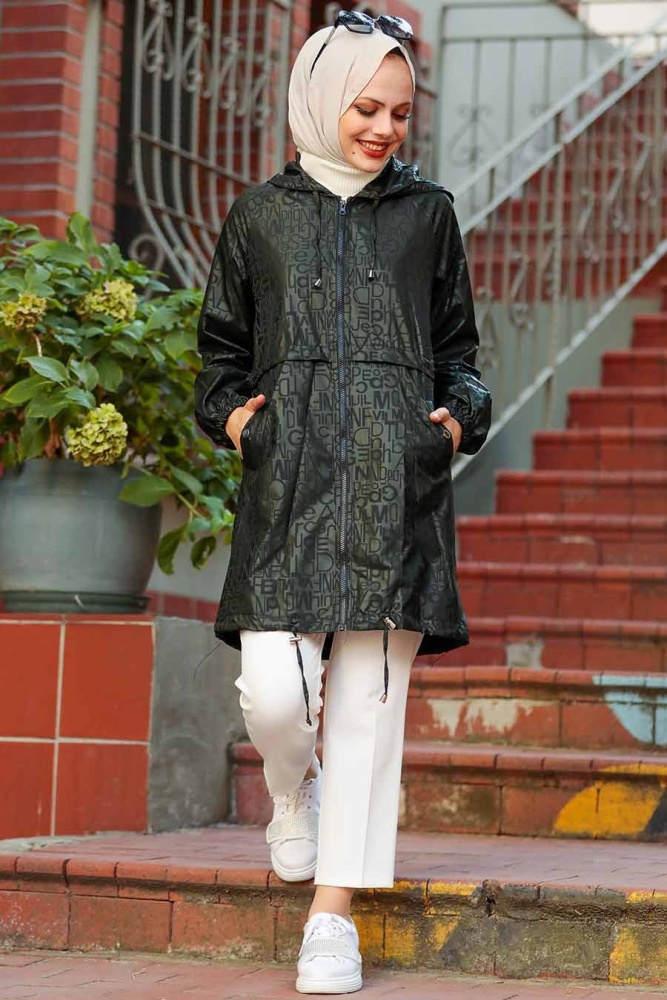 Neva Style - Kapşonlu Haki Tesettür Yağmurluk Kap 8921HK - 2