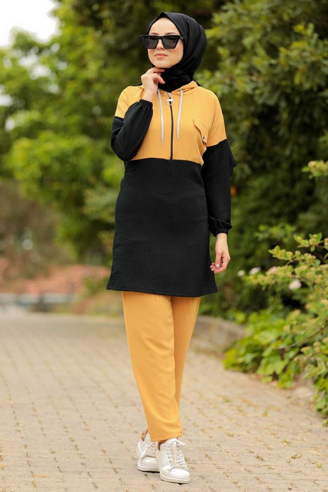 Neva Style - Kapşonlu Hardal Tesettür İkili Takım 9621HR - 1