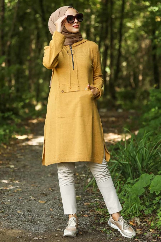 Neva Style - Kapşonlu Hardal Tesettür Triko Tunik 14606HR - 1