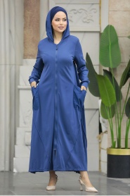 Neva Style - Kapşonlu İndigo Mavisi Tesettür Ferace 20129IM - Thumbnail