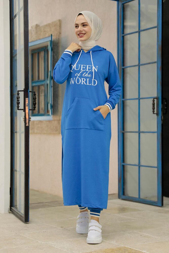 Neva Style - Kapşonlu İndigo Mavisi Tesettür İkili Takım 56090IM - 2