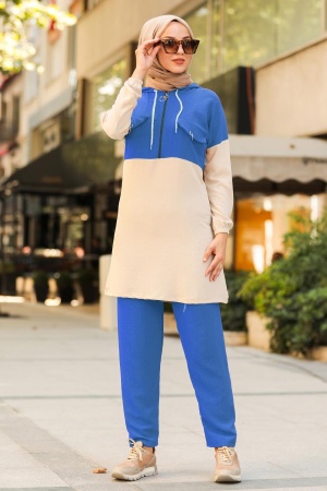 Neva Style - Kapşonlu İndigo Mavisi Tesettür İkili Takım 9621IM - 1