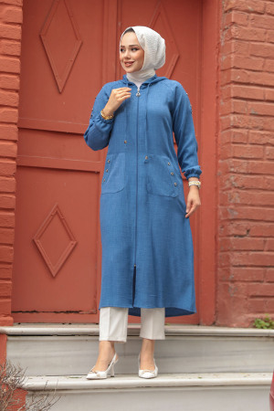 Neva Style - Kapşonlu İndigo Mavisi Tesettür Kap 511IM - NEVA STYLE