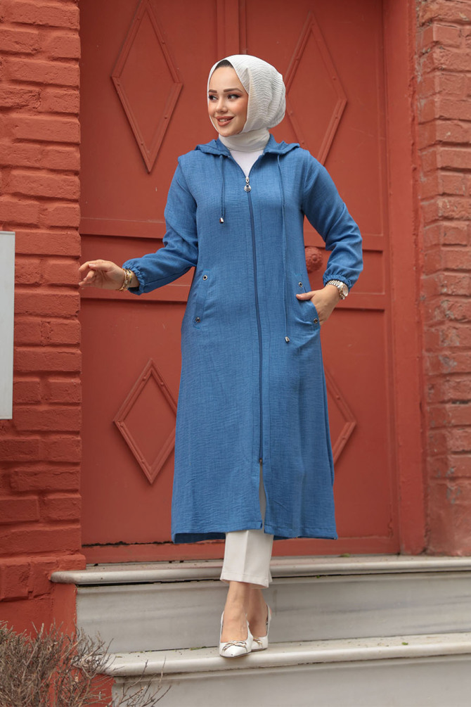 Neva Style - Kapşonlu İndigo Mavisi Tesettür Kap 539IM - NEVA STYLE