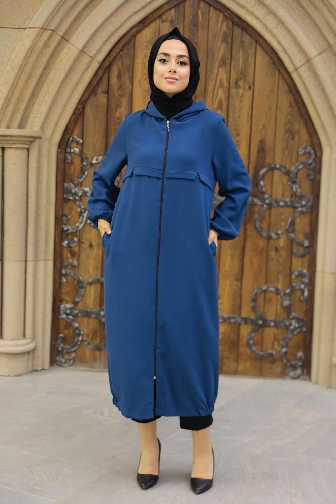 Neva Style - Kapşonlu İndigo Mavisi Tesettür Kap 5698IM - 2