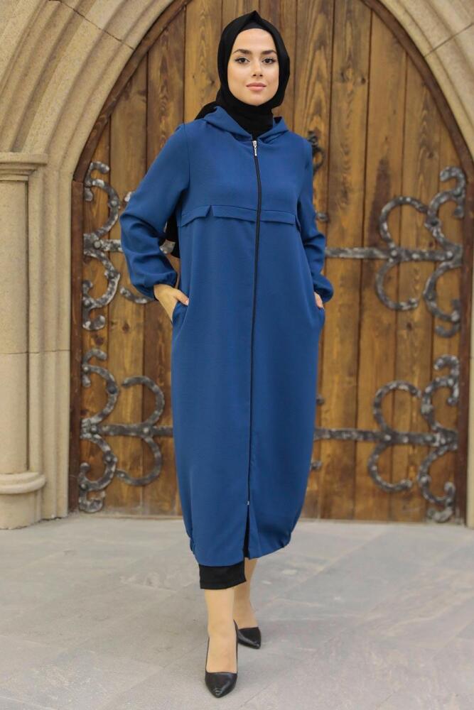 Neva Style - Kapşonlu İndigo Mavisi Tesettür Kap 5698IM - 1