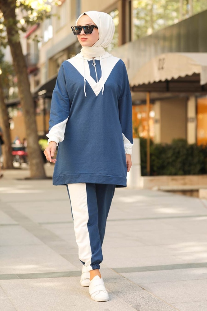 Neva Style - Kapşonlu İndigo Mavisi Tesettür Spor İkili Takım 40276IM - 1