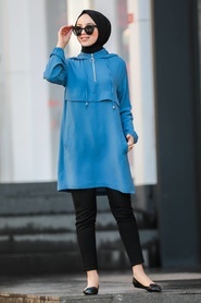 Neva Style - Kapşonlu İndigo Mavisi Tesettür Tunik 10079IM - Thumbnail