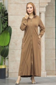 Neva Style - Kapşonlu Kahverengi Tesettür Ferace 20129KH - Thumbnail