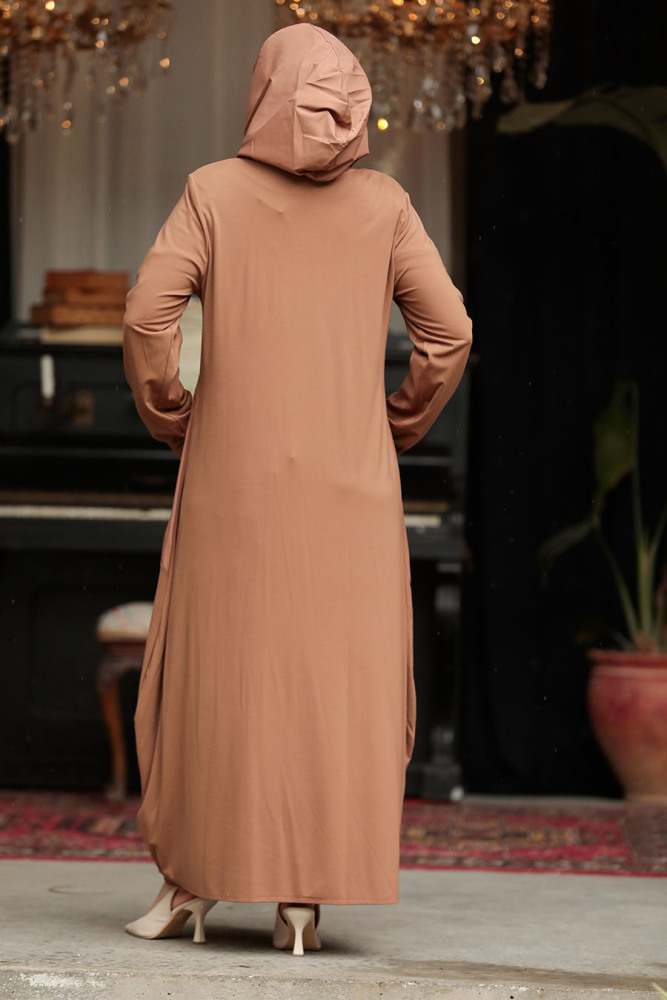 Neva Style - Kapşonlu Kahverengi Tesettür Ferace 20130KH - 3