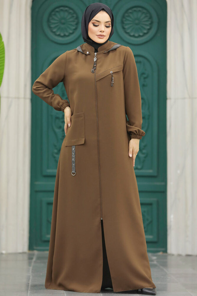 Neva Style - Kapşonlu Kahverengi Tesettür Ferace 5307KH - 3