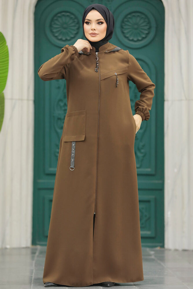Neva Style - Kapşonlu Kahverengi Tesettür Ferace 5307KH - 4