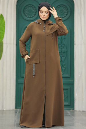 Neva Style - Kapşonlu Kahverengi Tesettür Ferace 5307KH - 5
