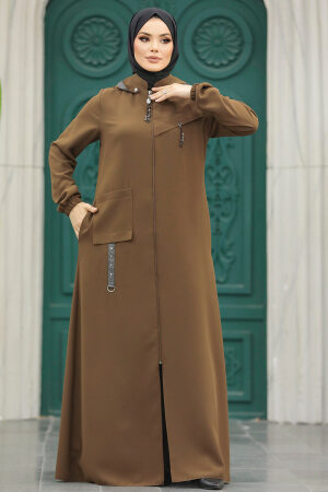 Neva Style - Kapşonlu Kahverengi Tesettür Ferace 5307KH - 2