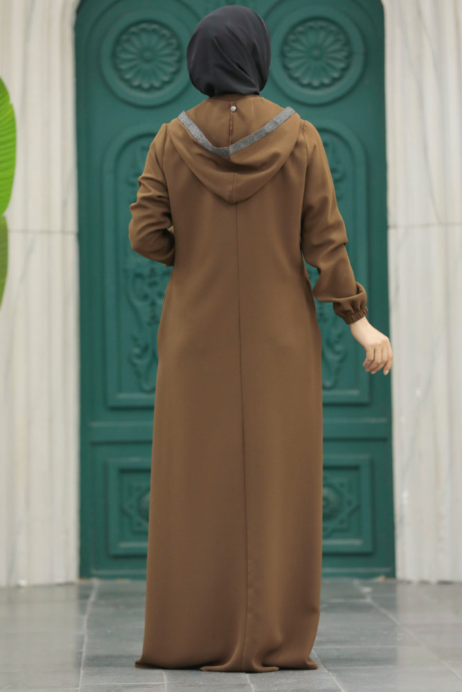 Neva Style - Kapşonlu Kahverengi Tesettür Ferace 5307KH - 6