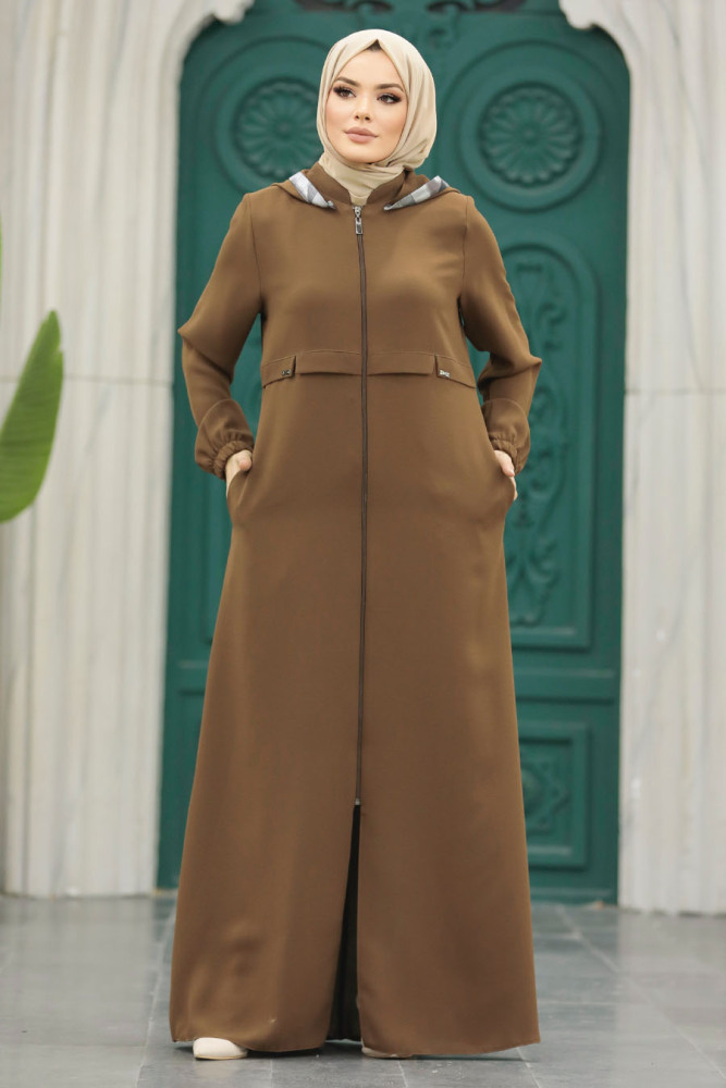 Neva Style - Kapşonlu Kahverengi Tesettür Ferace 5311KH - 1