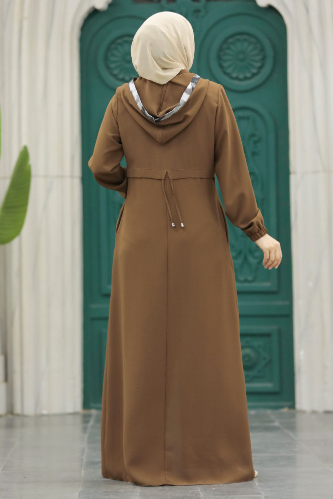 Neva Style - Kapşonlu Kahverengi Tesettür Ferace 5311KH - 3