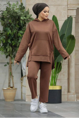 Neva Style - Kapşonlu Kahverengi Tesettür İkili Takım 7124KH - 2