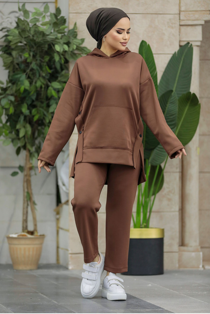 Neva Style - Kapşonlu Kahverengi Tesettür İkili Takım 7124KH - 2