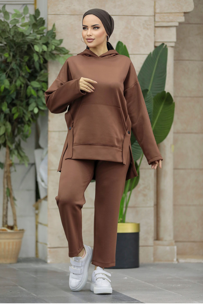 Neva Style - Kapşonlu Kahverengi Tesettür İkili Takım 7124KH - 3