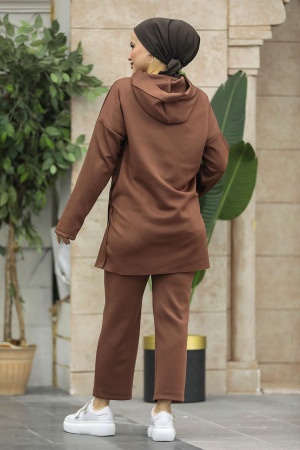 Neva Style - Kapşonlu Kahverengi Tesettür İkili Takım 7124KH - 4