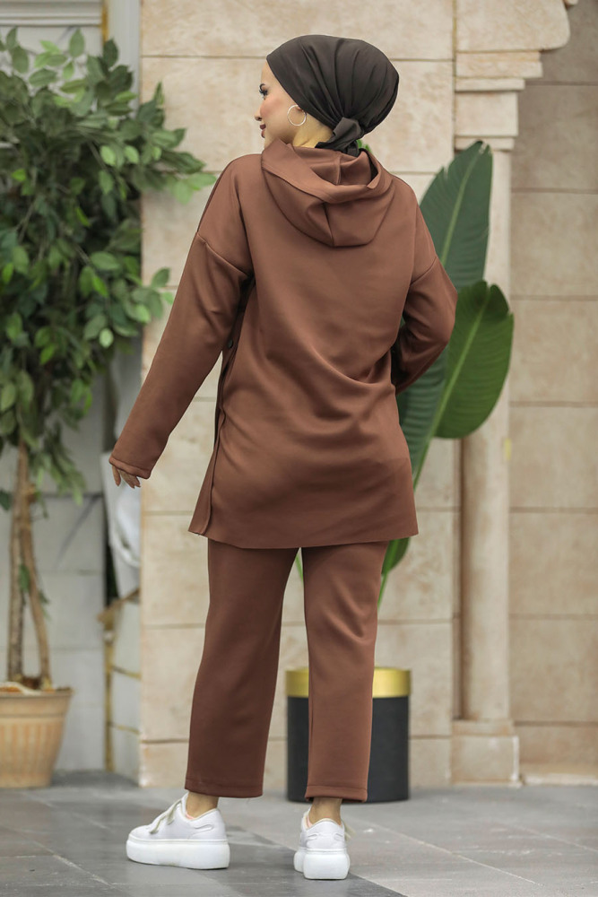 Neva Style - Kapşonlu Kahverengi Tesettür İkili Takım 7124KH - 4