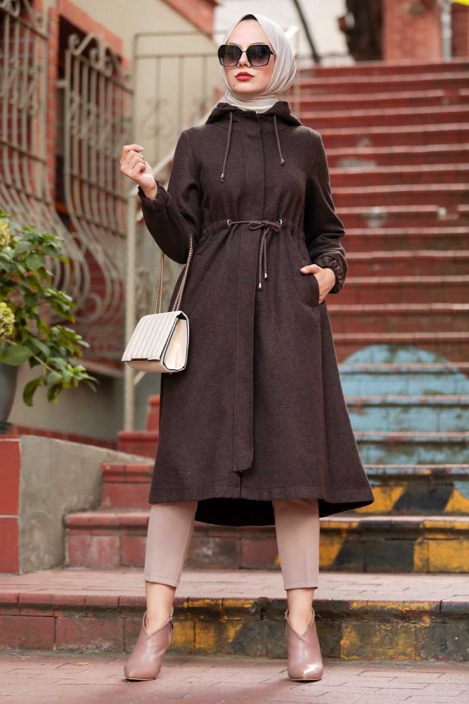 Neva Style - Kapşonlu Kahverengi Tesettür Kaşe Kap 5578KH - 2