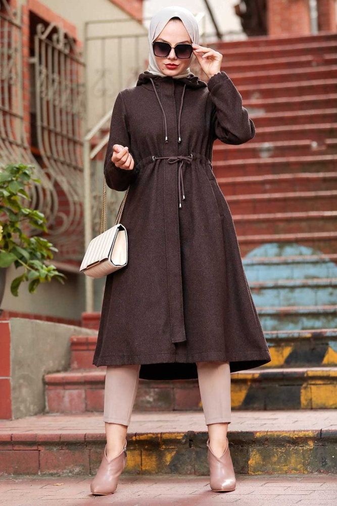 Neva Style - Kapşonlu Kahverengi Tesettür Kaşe Kap 5578KH - 3