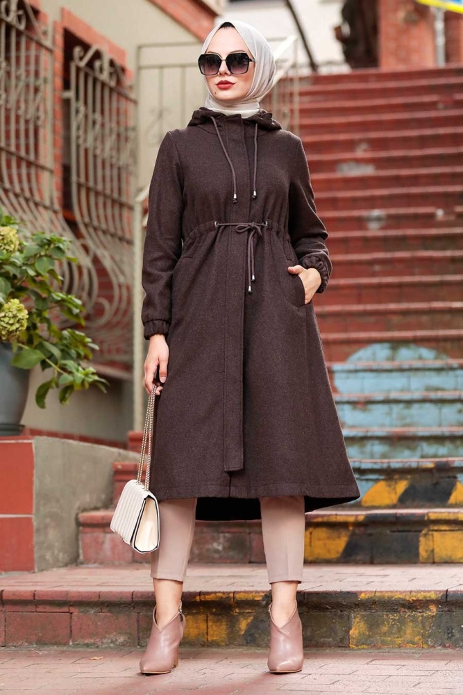 Neva Style - Kapşonlu Kahverengi Tesettür Kaşe Kap 5578KH - 1