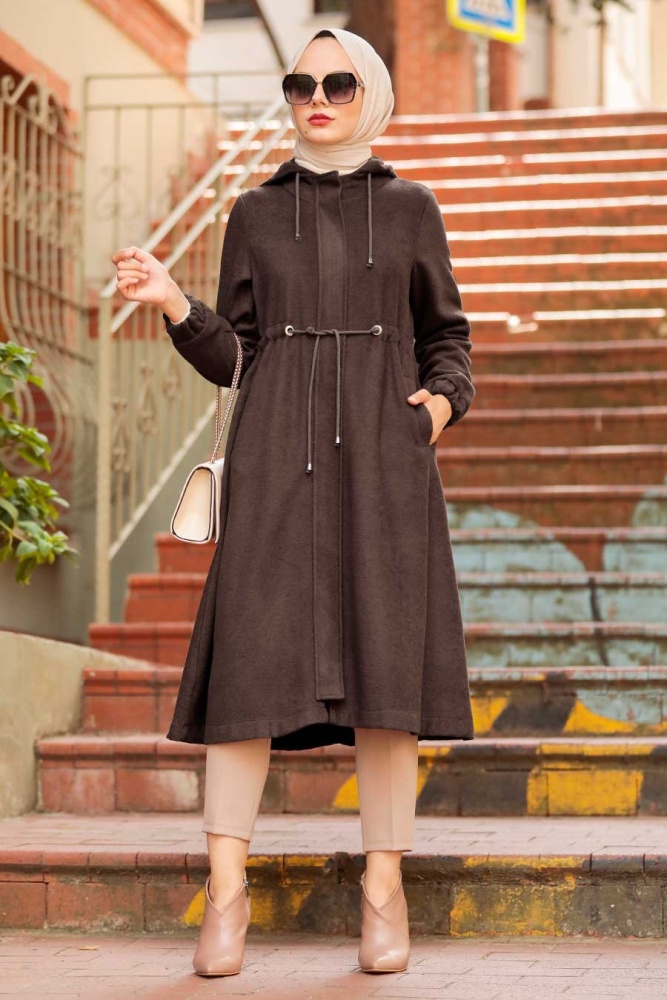 Neva Style - Kapşonlu Kahverengi Tesettür Kaşe Kap 5578KH - 4