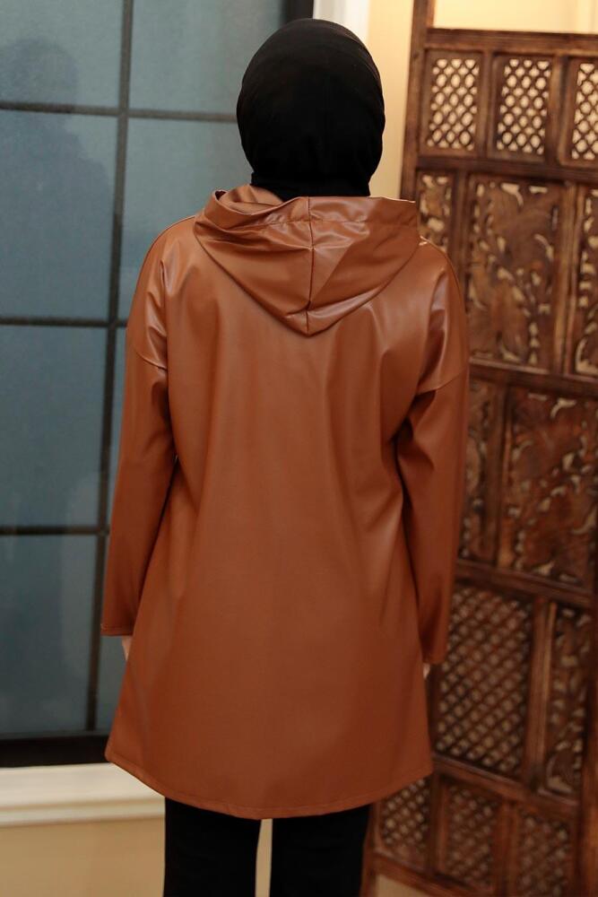 Neva Style - Kapşonlu Kahverengi Tesettür Suni Deri Kap 50153KH - 2