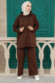 Neva Style - Kapşonlu Kahverengi Tesettür Triko İkili Takım 25030KH - Thumbnail