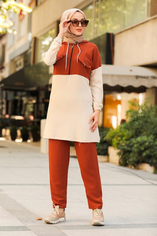 Neva Style - Kapşonlu Kiremit Tesettür İkili Takım 9621KRMT - 1