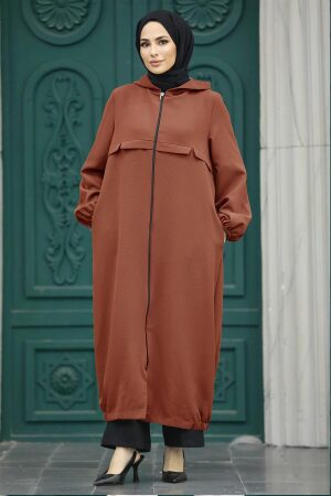 Neva Style - Kapşonlu Kiremit Tesettür Kap 5698KRMT - 1