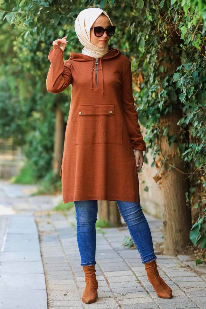Neva Style - Kapşonlu Kiremit Tesettür Triko Tunik 14606KRMT - 1