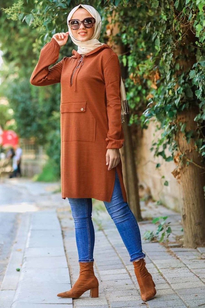 Neva Style - Kapşonlu Kiremit Tesettür Triko Tunik 14606KRMT - 2