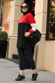 Neva Style - Kapşonlu Kırmızı Tesettür Sweatshirt 1151K - Thumbnail
