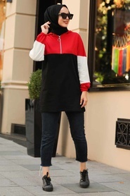 Neva Style - Kapşonlu Kırmızı Tesettür Sweatshirt 1151K - Thumbnail