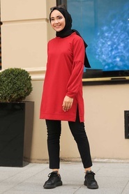 Neva Style - Kapşonlu Kırmızı Tesettür Sweatshirt 1615K - Thumbnail