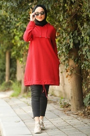 Neva Style - Kapşonlu Kırmızı Tesettür Sweatshirt & Tunik 41232K - Thumbnail