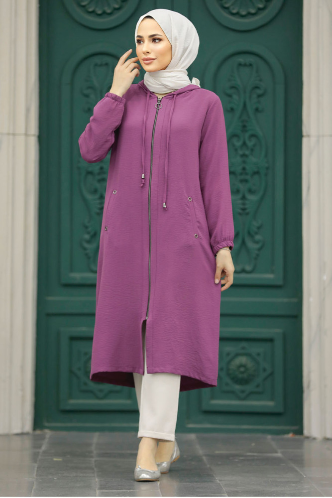 Neva Style - Kapşonlu Koyu Gül Kurusu Tesettür Kap 539KGK - 1
