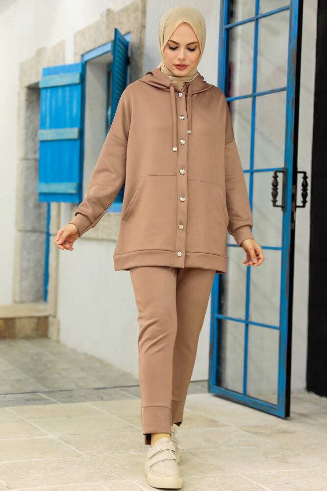  Kapşonlu Koyu Vizon Tesettür İkili Takım 22186KV - 1