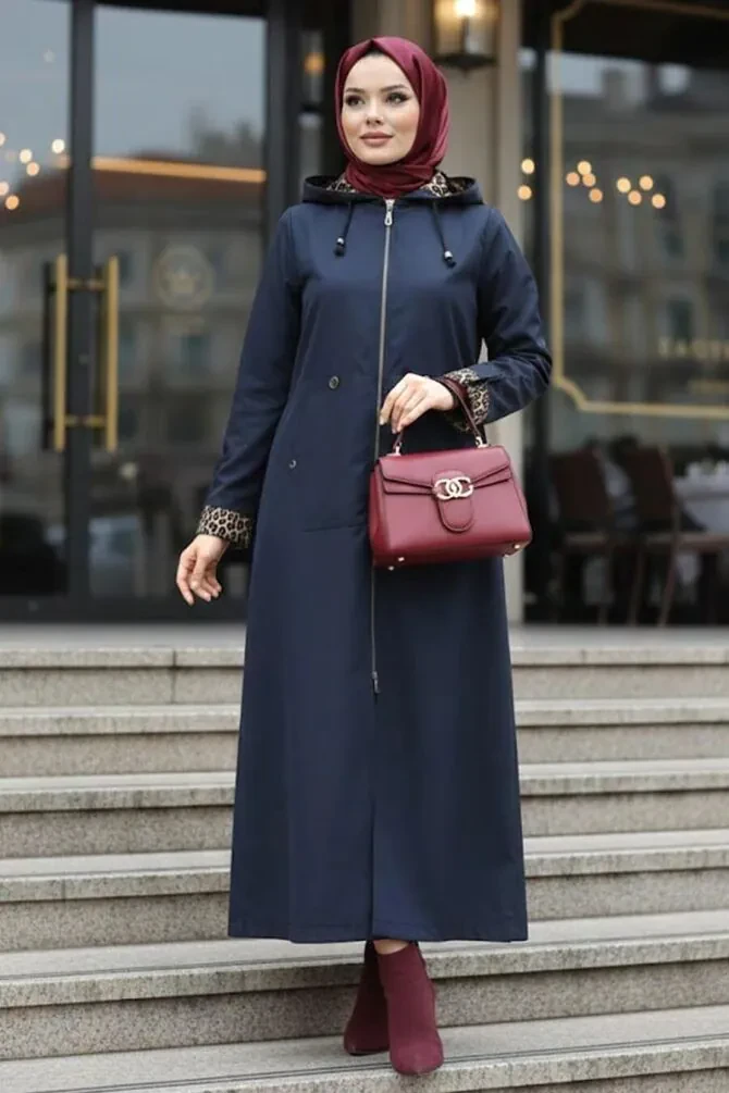  Kapşonlu Lacivert Tesettür Kaban 60623L - 1