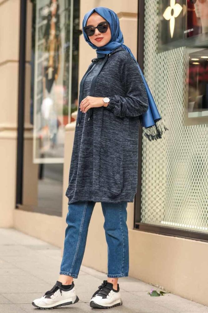 Neva Style - Kapşonlu Lacivert Tesettür Sweatshirt 9059L - 1