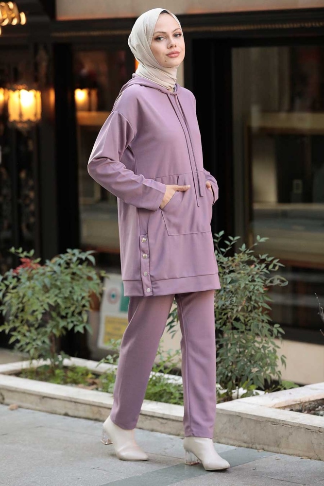 Neva Style - Kapşonlu Lila Tesettür İkili Takım 6902LILA - 2