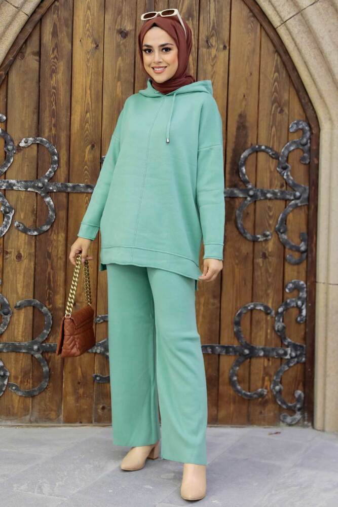Neva Style - Kapşonlu Mint Tesettür Triko İkili Takım 25030MINT - 1