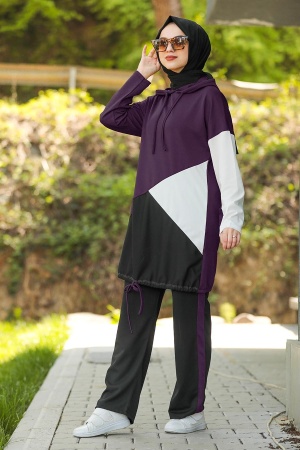 Neva Style - Kapşonlu Mürdüm Tesettür İkili takım 61490MU - 1